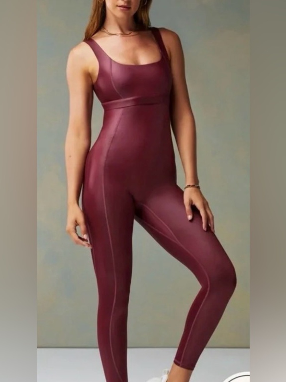 Fabletics Motion365+ Shine Jumpsuit moisture-wicking compression fabric. Merlot.